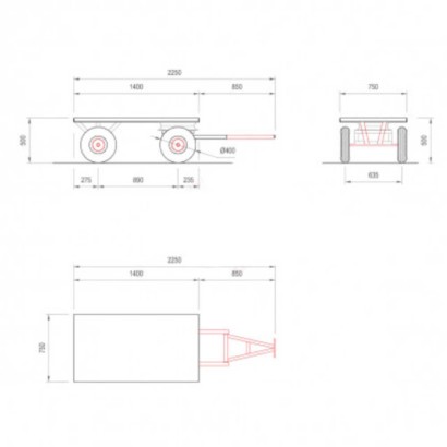 Carrello a rimorchio industriale pianale 140/225x75x50 ruote pneumatiche Kg.700 ralla sterzante con timone occhione 059F