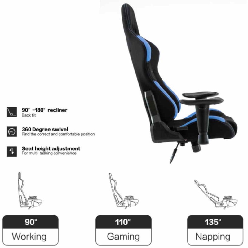 Sedia poltrona gaming adulto alzata a gas girevole con braccioli e  schienale reclinabile nera e blu Indianapolis GA7001BF