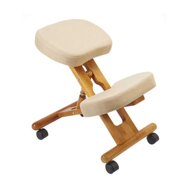 Sgabello ergonomico regolabile in legno seduta e riposa ginocchia in  tessuto ecrù ruote piroettanti F2902F