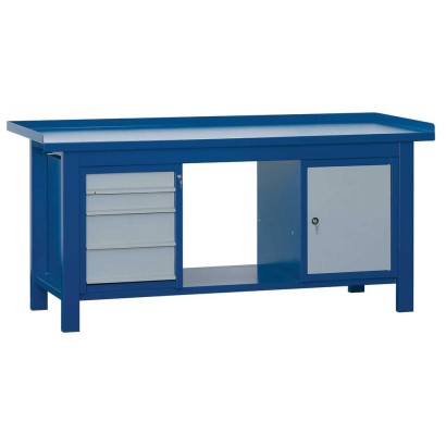 Banco da lavoro mm.2000x750x900h piano superiore inferiore in ferro una cassettiera 4 cassetti 1 armadietto BM20009-1ARM+1CRA4CF