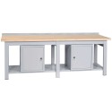 Banco tavolo da lavoro struttura in ferro piano superiore legno faggio 2 armadietti mm.2500x750x900h arredo officine B425002ARMF