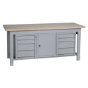 Banco da lavoro in ferro piano in legno cm.200x75x90h. 2 cassettiere 4 cassetti 1 armadietto arredo officine B920001ARM+2CRE4CF