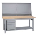 Banco lavoro ferro piano in legno cm200x75x90h 1 cassettiere a 4 cassetti 1 pannello forato arredo officine B920001CRA4+CPFB200F