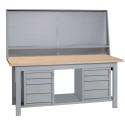 Banco da lavoro in ferro piano superiore legno cm.200x75x90h. 2 cassettiere a 4 cassetti 1 pannello forato B920002CRA4C+PFB200F