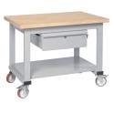 Carrello banco tavolo da lavoro in ferro con piano in legno con 1 cassetto e 4 ruote mm.1000x750x925h per officine R4-1000-1CTOF