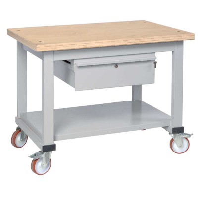 Carrello banco tavolo da lavoro in ferro con piano in legno con 1 cassetto e 4 ruote mm.1250x750x925h per officine R4-1250-1CTOF
