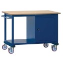 Carrello banco tavolo da lavoro in ferro con piano in legno 1 armadietto e 4 ruote mm.1250x750x925h. per officine magazzini R10F