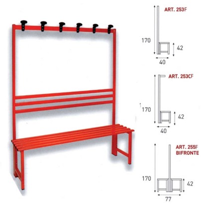 Panchina in acciaio con schienale ed attaccapanni cappelliera e bifronte per spogliatoi palestre piscine aziende