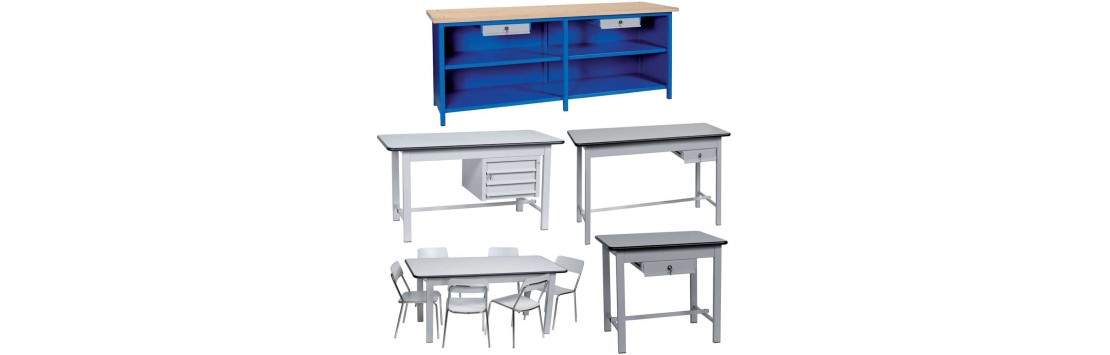 Tavoli e banchi vendita per mense laboratori in ferro e piano in legno