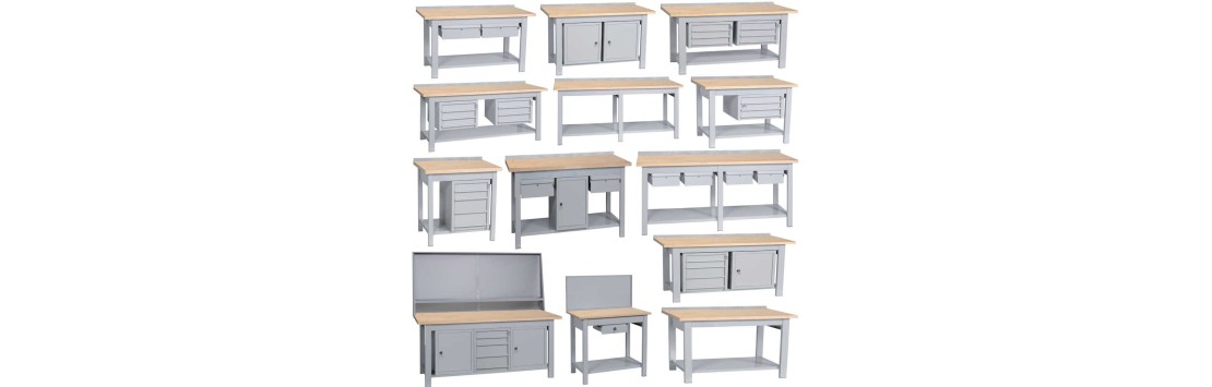 Banchi tavoli da lavoro in ferro e piano in legno con cassettiere armadietti e pannelli