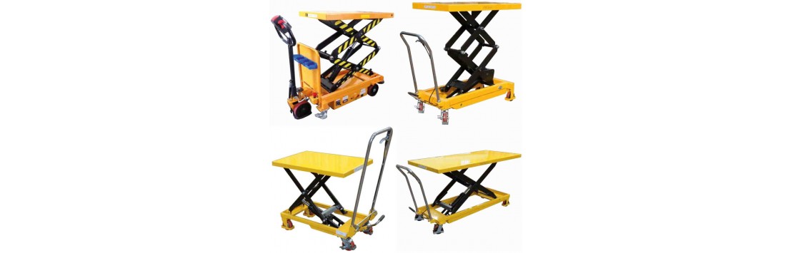 Piattaforme elevatrici manuali ed elettriche su ruote con elevazione a pantografo per spostamento e sollevamento