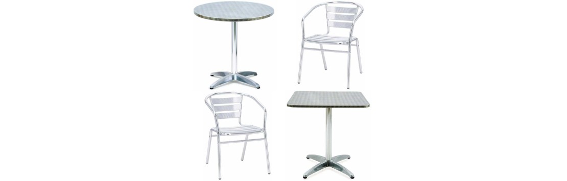 Tavoli bar quadrati e rotondi circolari e sedie in alluminio ed acciaio inox