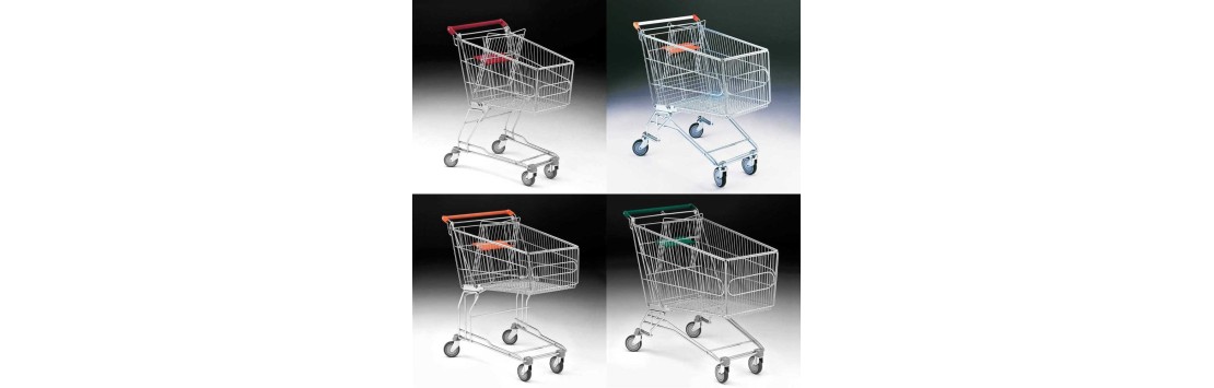 Carrelli spesa self service in filo metallico con porta-baby per supermercati