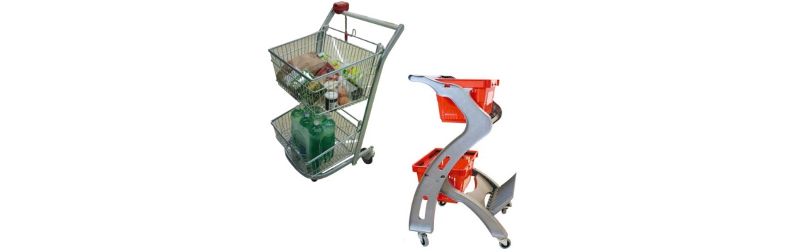 Carrelli spesa self-service a doppia cesta in metallico o plastica per minimarket negozi